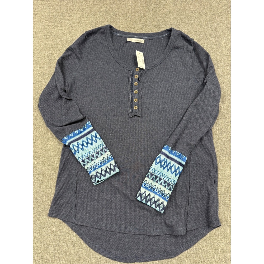 Maurices Womens Gray Waffle Knit Henley Top Blue Embroidered Cuffs Size 1 NEW